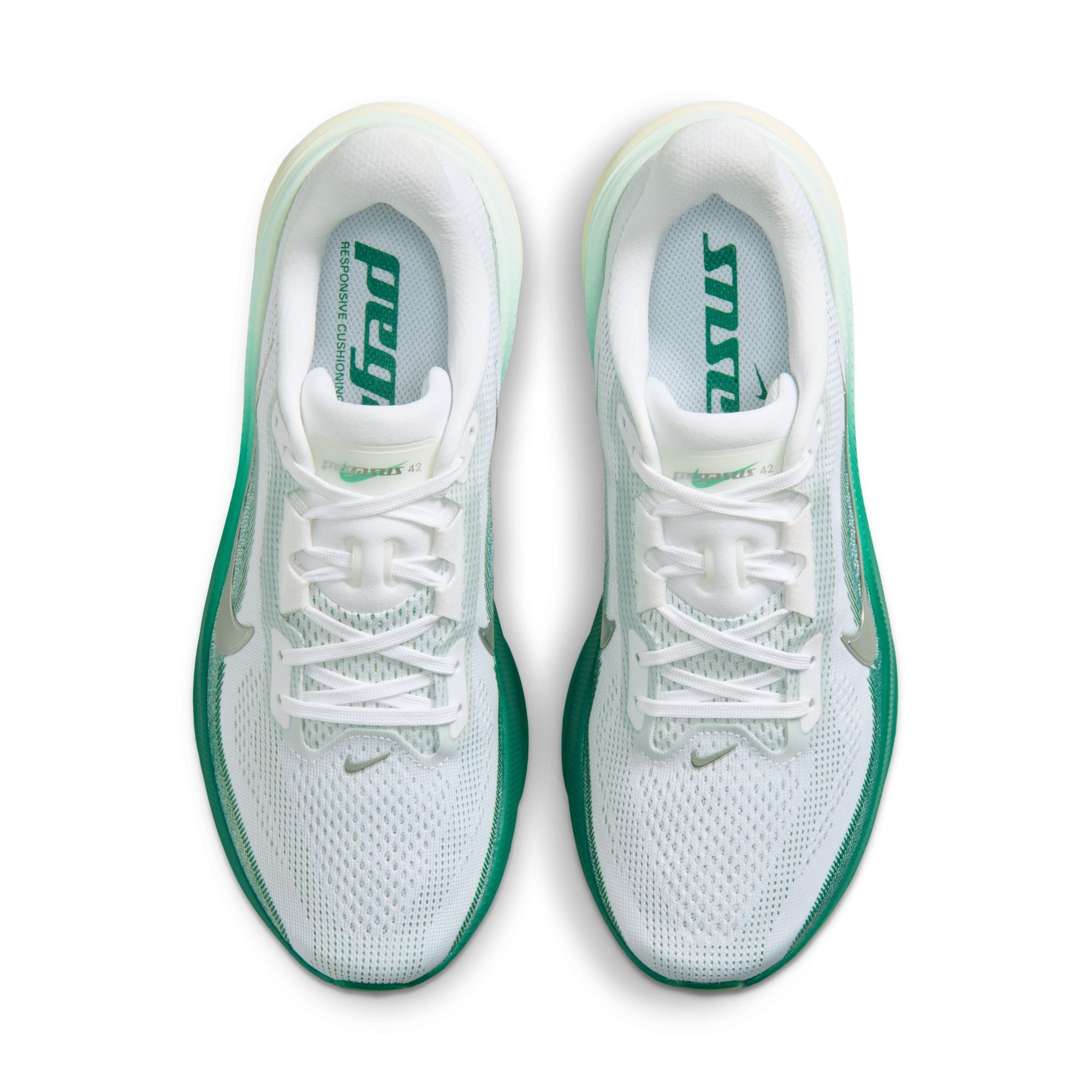 NIKE Pegasus 42 (Women's) WHITE/MTLC SILVER-MALACHITE-BARELY GREEN-SAIL