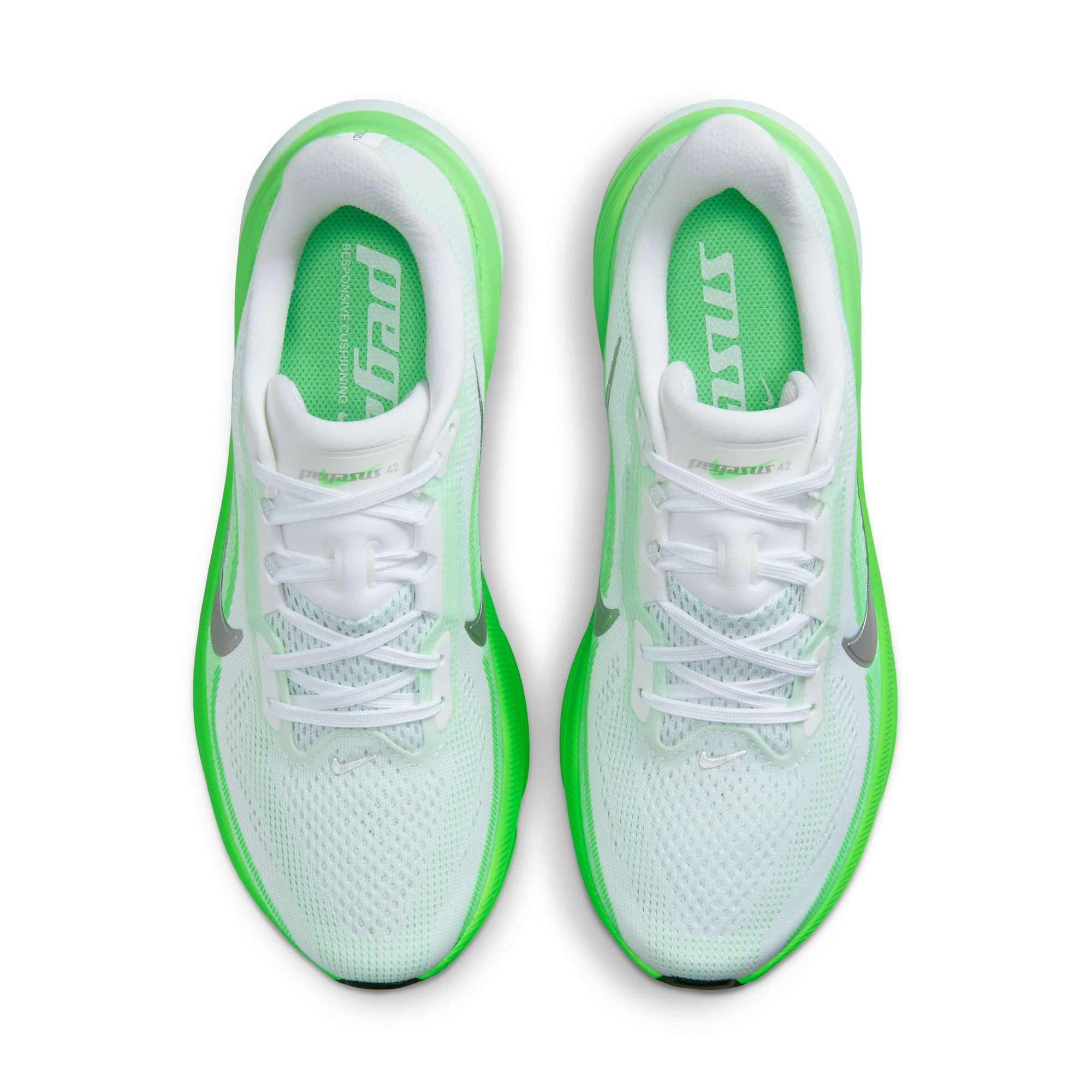 NIKE Pegasus 42 (Women's) WHITE/MTLC SILVER-GREEN STRIKE-ILLUSION GREEN-BLACK