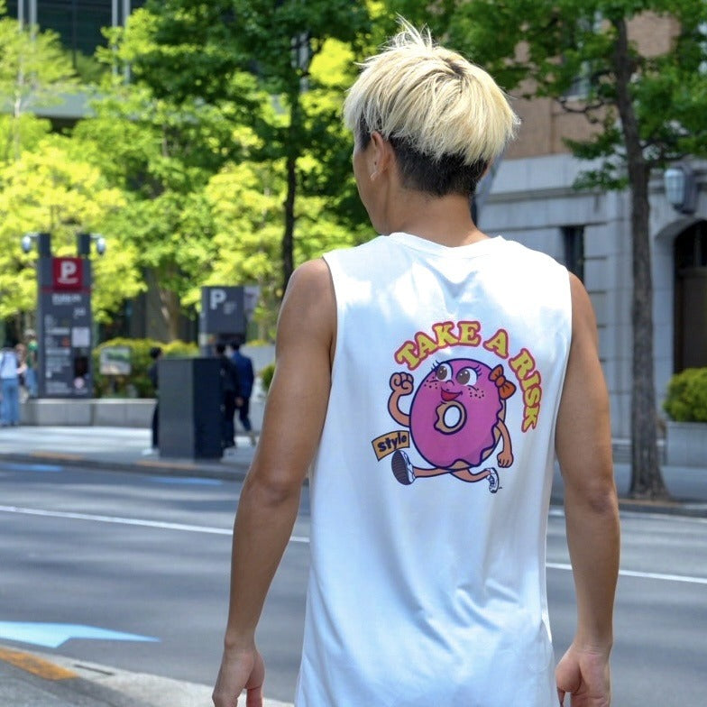 Style | DONUTS "TAKE A RISK" Sleeve-less Tee by JINGER (Men's White)