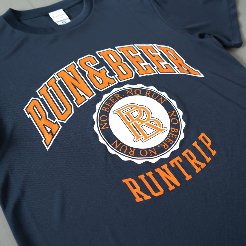 Run & Beer College Design DRY Tee (Navy / Orange & White )