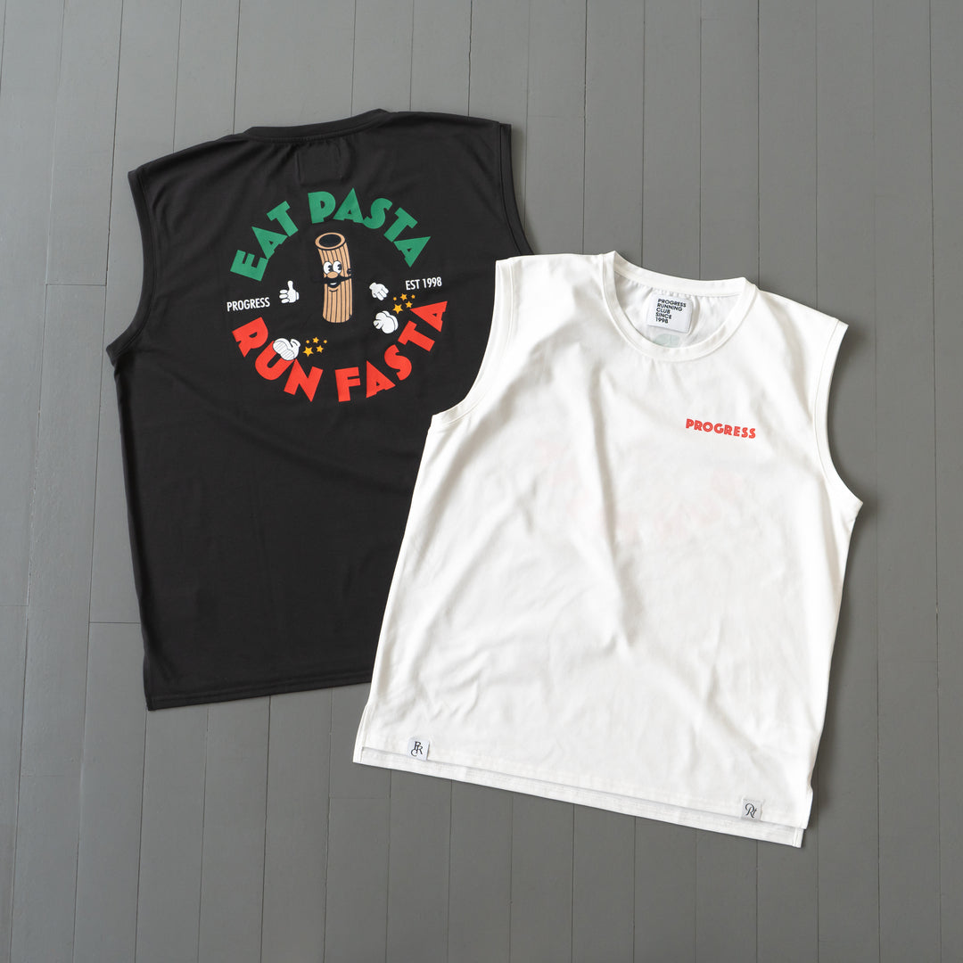 【展示サンプル】PROGRESS RUNNING CLUB Eat Pasta Run Fasta Custom-made Sleeve-less Tee