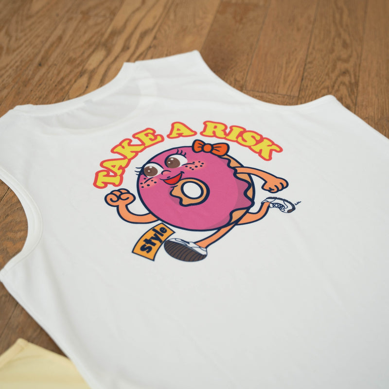 Style | DONUTS "TAKE A RISK" Sleeve-less Tee by JINGER (Men's White)