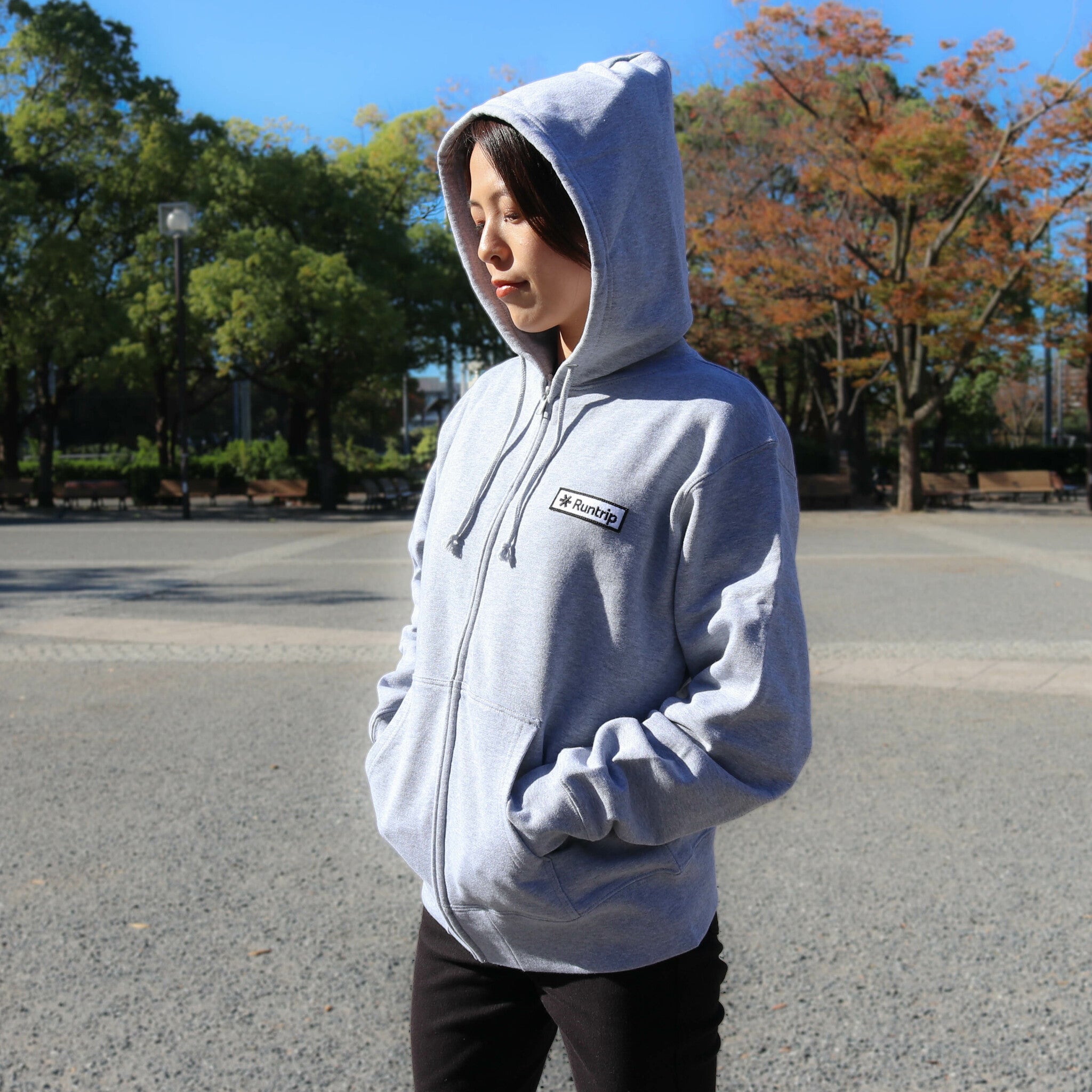 Runtrip Logo Patch Full Zip Hoodie (Gray) 