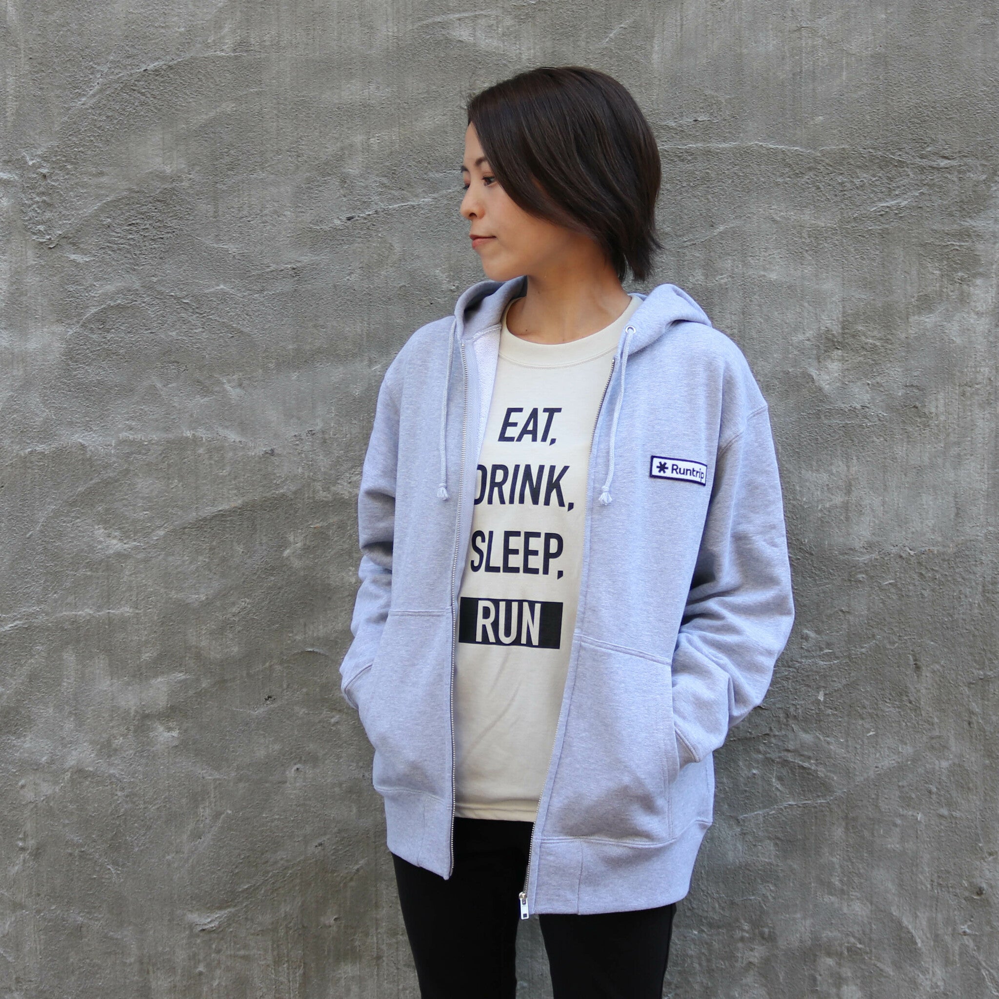 Runtrip Logo Patch Full Zip Hoodie (Gray) 