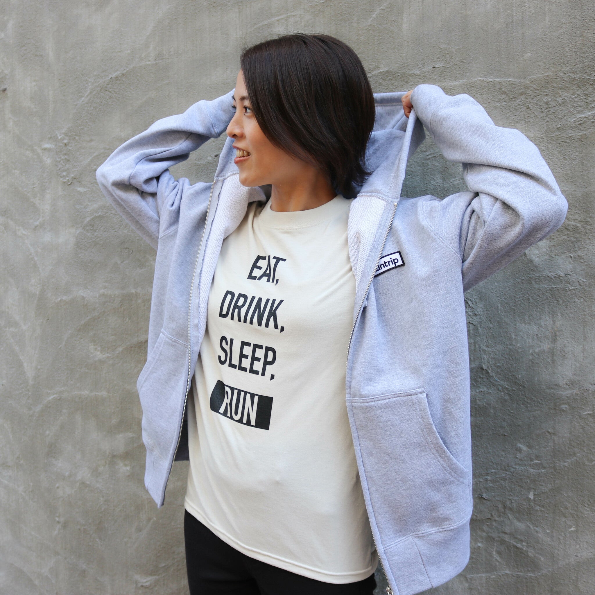 Runtrip Logo Patch Full Zip Hoodie (Gray) 